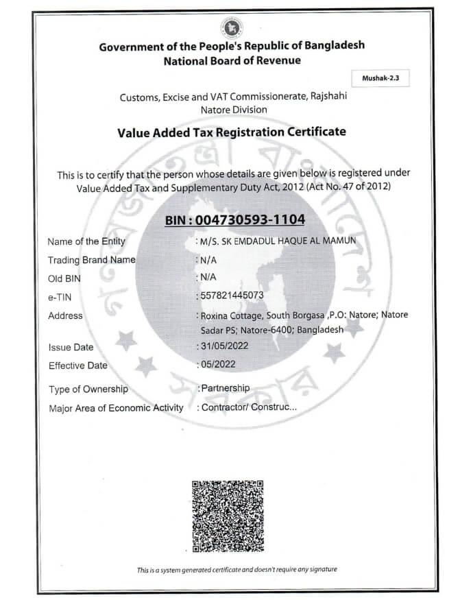 VAT Registration Certificate SEHA